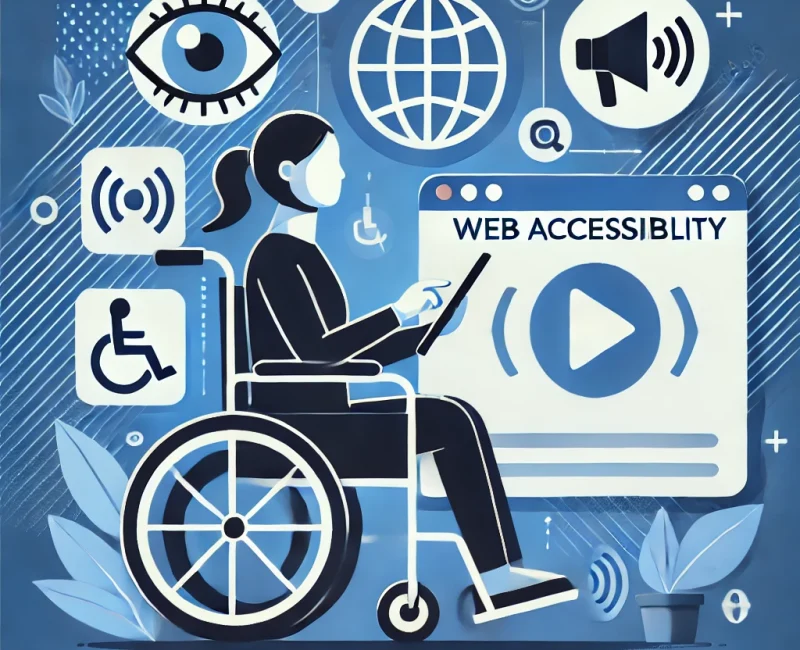 A-graphic-illustration-of-web-accessibility-featuring-a-person-in-a-wheelchair-using-a-tablet-various-digital-accessibility-icons-such-as-an-eye