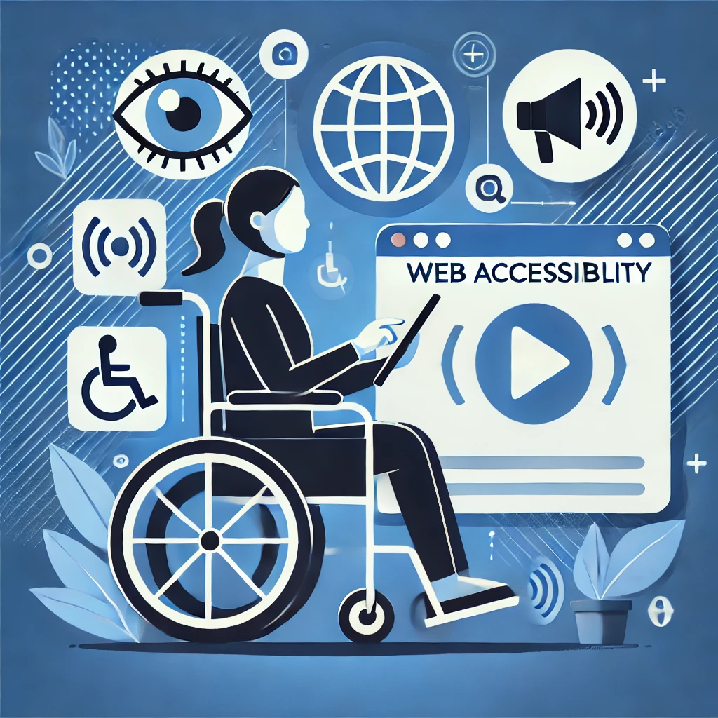 A-graphic-illustration-of-web-accessibility-featuring-a-person-in-a-wheelchair-using-a-tablet-various-digital-accessibility-icons-such-as-an-eye